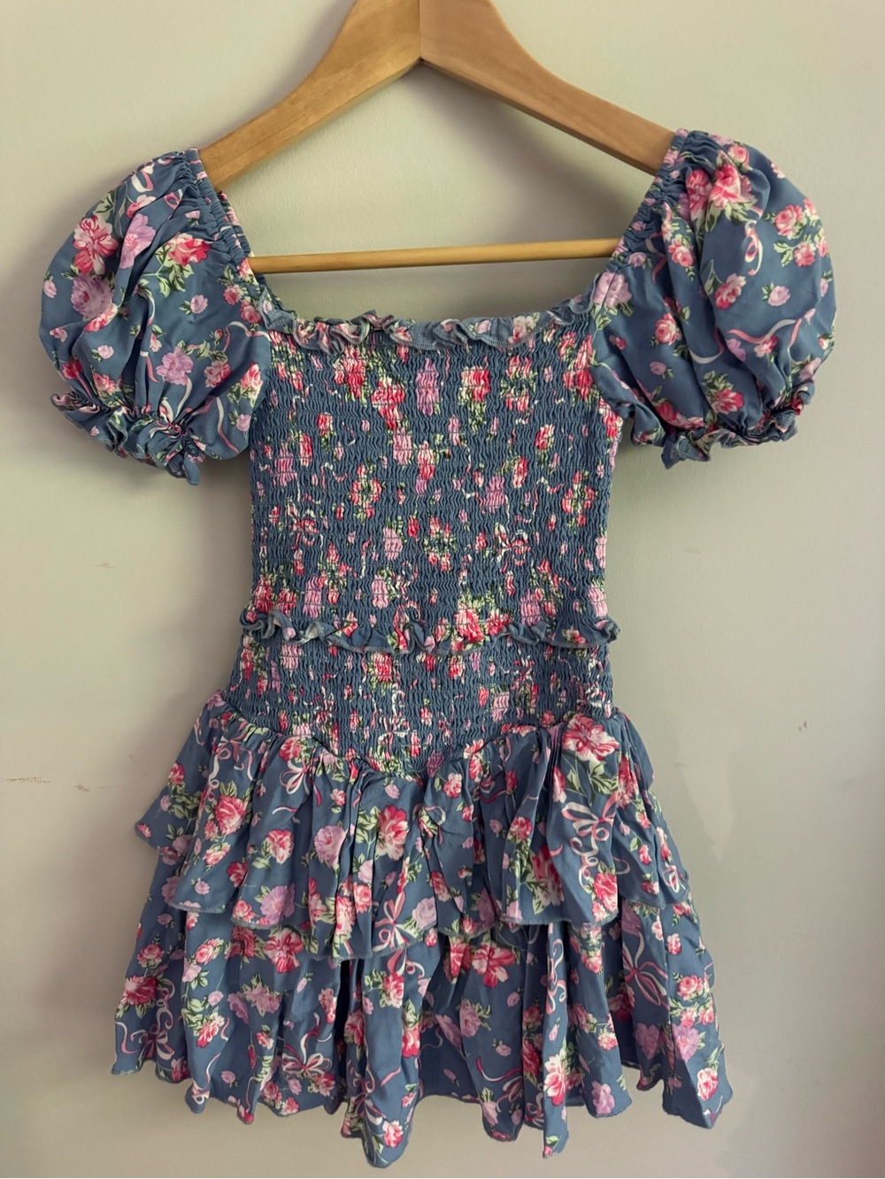 Katie J NYC Dusty Blue Floral Smocked Puff-Sleeve Dress